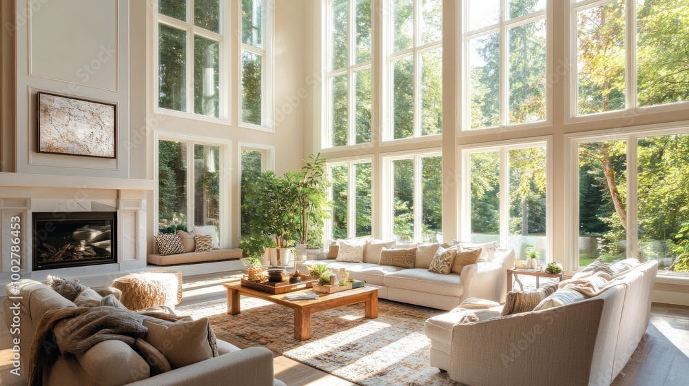 Obraz premium A bright and airy living room with large windows, showcasing a blend of modern and traditional decor, highlighting a perfect spot for relaxation.
