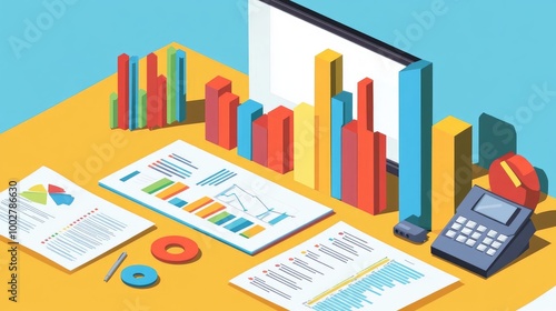 A business presentation setup featuring a 3D bar chart alongside printed reports and a projector, showcasing the importance of visual data in strategic planning.