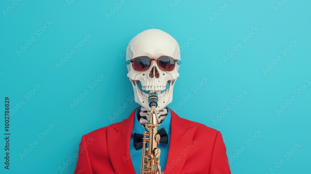 Skeleton Playing Saxophone in Colorful Outfit Skeleton Playing Saxophone in Colorful Outfit