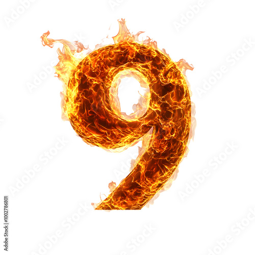 Fiery Number Nine Burning in Flames with Intense Blaze and Glowing Ember. Dramatic and Explosive Representation of Fire,Heat,and Combustion. Symbolic of Energy,Power,and Danger. photo