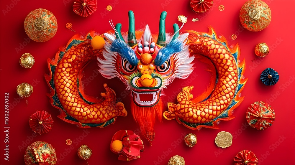 Vibrant and Auspicious Chinese New Year Dragon with Joyful Motifs and Festive Symbols Celebrating the Lunar Holiday Vibrant and Auspicious Chinese New Year Dragon with Joyful Motifs and Festive Symbols Celebrating the Lunar Holiday