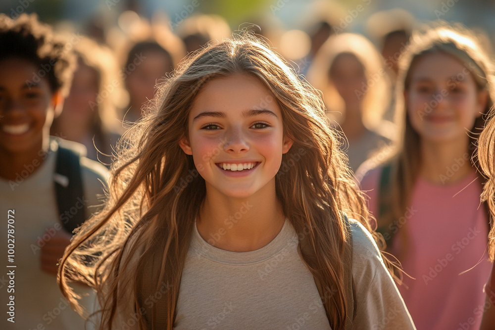 Students walking together in a school hallway, carrying backpacks and talking with friends, embracing the journey of education. Students walking together in a school hallway, carrying backpacks and talking with friends, embracing the journey of education.