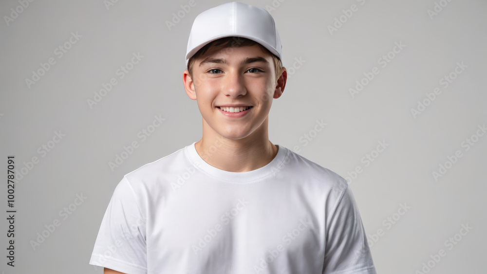 Teenage boy wearing white t-shirt and white baseball cap isolated on grey background Teenage boy wearing white t-shirt and white baseball cap isolated on grey background