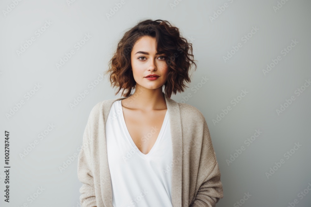 Portrait of a satisfied woman in her 20s wearing a chic cardigan on blank studio backdrop Portrait of a satisfied woman in her 20s wearing a chic cardigan on blank studio backdrop