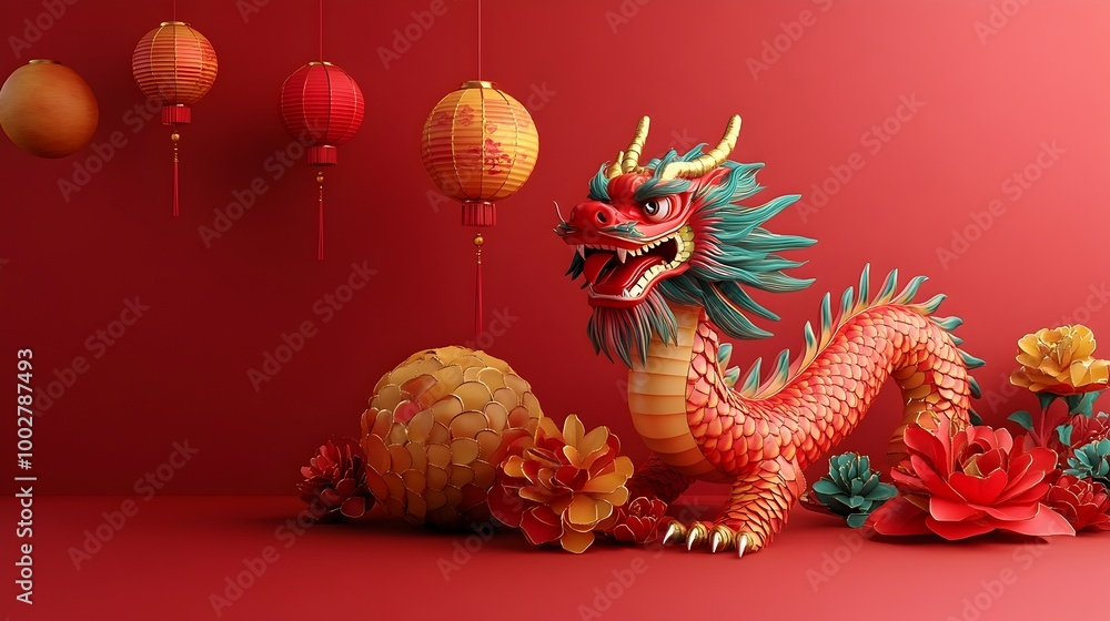 Naklejka premium Bold and Vibrant Red and Gold Chinese New Year Dragon Leading a Festive with Joy and Energetic Presence