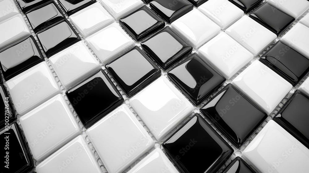 A sleek, black-and-white ceramic brick tile floor with a glossy finish. A sleek, black-and-white ceramic brick tile floor with a glossy finish.