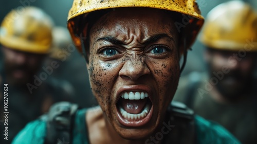 A female worker wearing a yellow helmet, her face intensely showing distress and determination, smeared with dirt in a workplace surrounded by other focused workers.