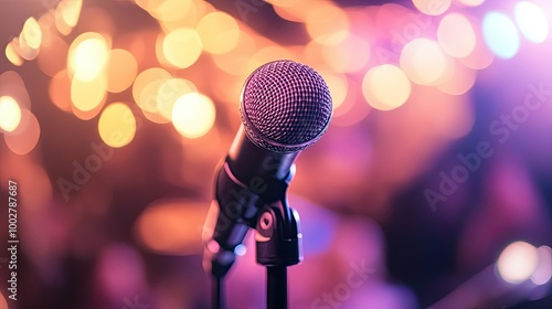 Close-up of a microphone on a stand at a concert, no people, with room for text