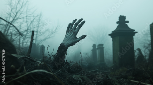 The Awakening Grave: Write about a chilling scene in a foggy graveyard where a zombie hand suddenly bursts through the soil, reaching for freedom. Explore the reactions of onlooker photo