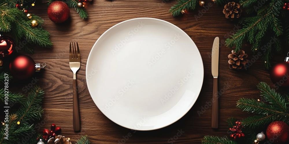 Christmas dinner table setting with festive decorations Christmas dinner table setting with festive decorations