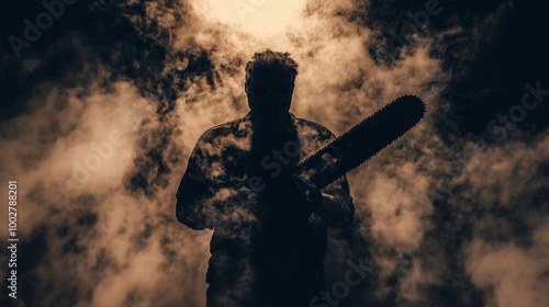 A close-up silhouette of a menacing man gripping a chainsaw, surrounded by swirling dark smoke, evoking a terrifying atmosphere reminiscent of a Friday the 13th horror scene photo