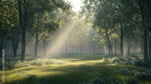 A tranquil forest clearing at dawn, with light mist lingering among the trees and faint sunlight filtering through