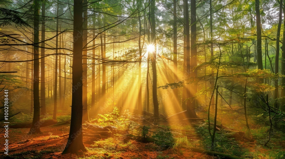 Obraz premium Sunlight Filtering Through a Misty Forest