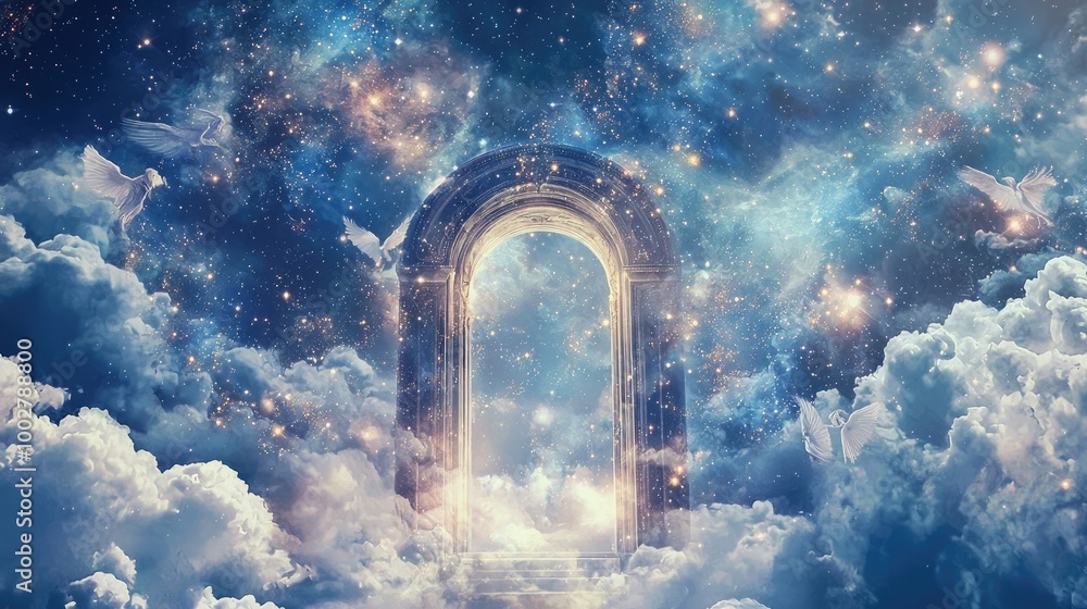 A digital art piece depicting an ethereal gate floating in the vast expanse of space, ethereal and dreamy imagery, surrounded by stars and nebulae. A digital art piece depicting an ethereal gate floating in the vast expanse of space, ethereal and dreamy imagery, surrounded by stars and nebulae.