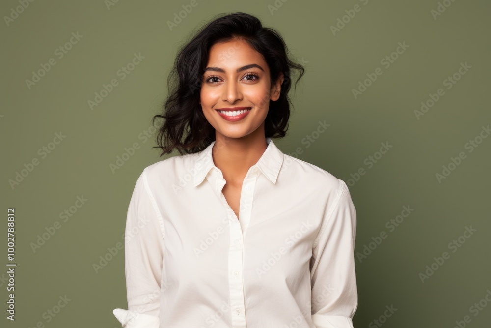 Portrait of a satisfied indian woman in her 20s wearing a simple cotton shirt on blank studio backdrop Portrait of a satisfied indian woman in her 20s wearing a simple cotton shirt on blank studio backdrop