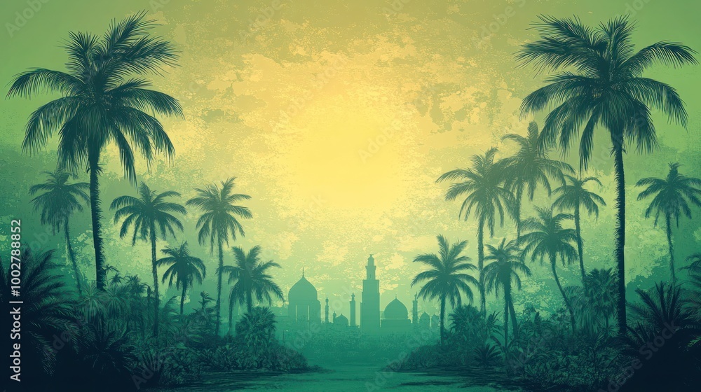 Silhouetted Palm Trees in a Tropical Paradise with a City Skyline in the Distance. Silhouetted Palm Trees in a Tropical Paradise with a City Skyline in the Distance.