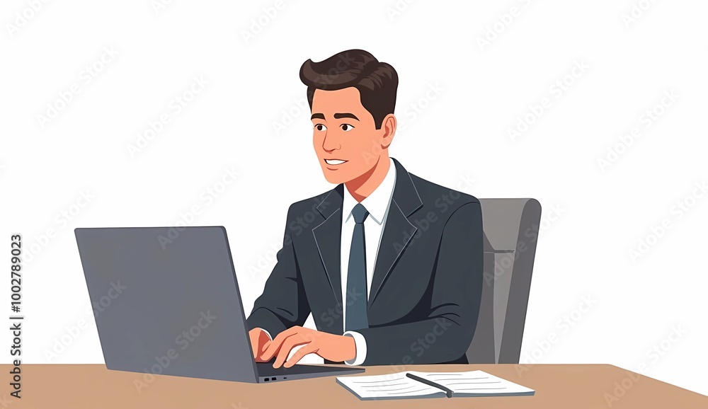 Illustration of a businessman sitting facing a laptop on a white background. Generate AI Illustration of a businessman sitting facing a laptop on a white background. Generate AI