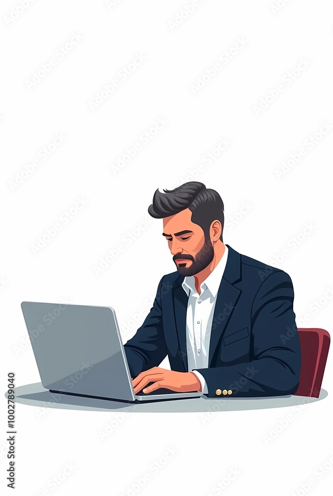 Illustration of a businessman sitting facing a laptop on a white background. Generate AI Illustration of a businessman sitting facing a laptop on a white background. Generate AI
