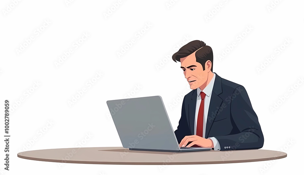 Illustration of a businessman sitting facing a laptop on a white background. Generate AI Illustration of a businessman sitting facing a laptop on a white background. Generate AI