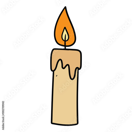 Hand drawn cartoon burning candle on white background.