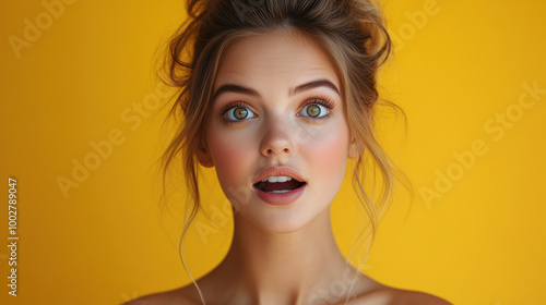 closeup of a young woman looking amazed, Surprised young woman with beautiful features against a vibrant yellow background, showcasing a sense of wonder and innocence. photo