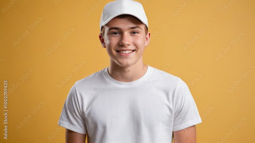 Teenage boy wearing white t-shirt and white baseball cap isolated on yellow background Teenage boy wearing white t-shirt and white baseball cap isolated on yellow background