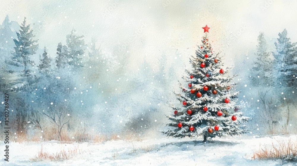 Christmas tree, winter, snow, festive atmosphere, decorated evergreen, red ornaments, serene background, frosty landscape, blurry trees, tranquil scene, holiday spirit Christmas tree, winter, snow, festive atmosphere, decorated evergreen, red ornaments, serene background, frosty landscape, blurry trees, tranquil scene, holiday spirit