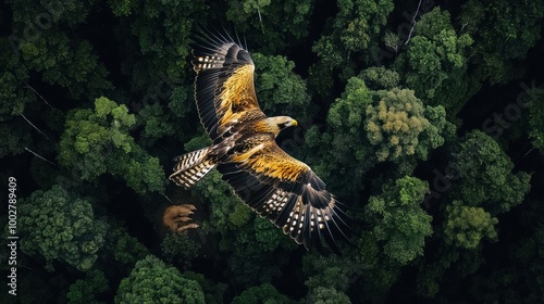 Majestic Eagle Soaring Over Lush Green Forest photo