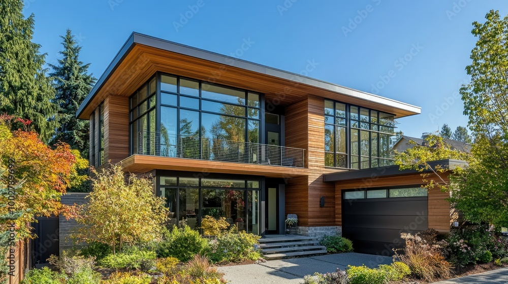 Elegant modern home with large windows in an urban neighborhood, ample copy space available Elegant modern home with large windows in an urban neighborhood, ample copy space available