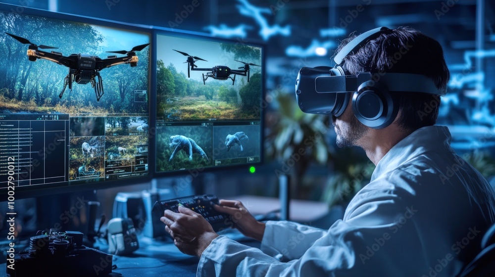 A man wearing VR headset controls a drone in a lab setting. A man wearing VR headset controls a drone in a lab setting.