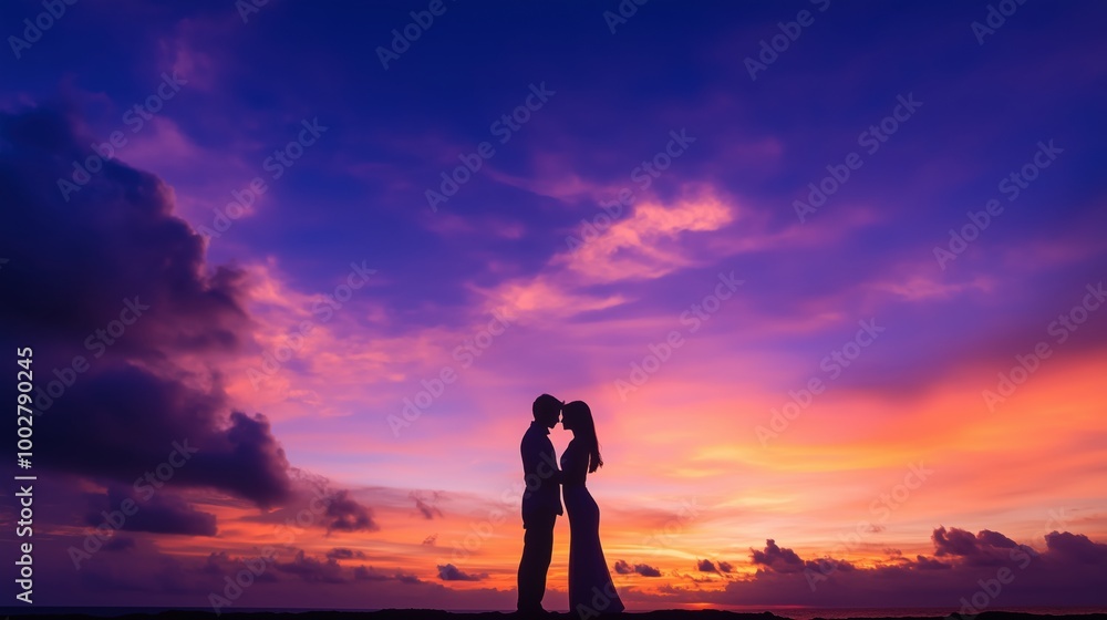 Silhouette of couple embracing at breathtaking sunset Silhouette of couple embracing at breathtaking sunset