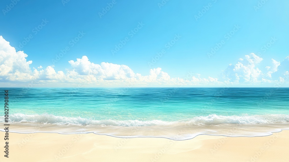 Fototapeta premium Empty tropical beach with white sand and crystal-clear water, space for text or branding