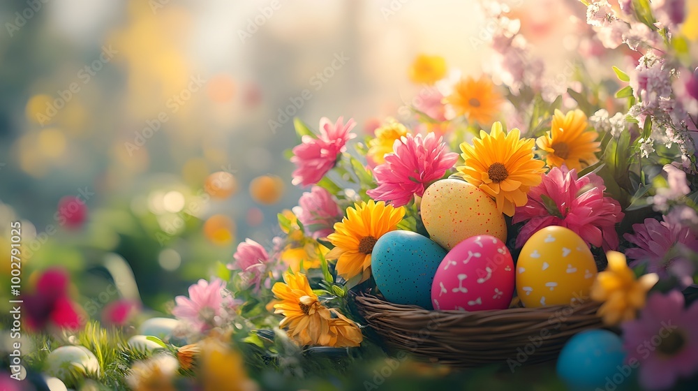 Festive Easter scene with vibrant colorful flowers blooming plants and playful decorated eggs in a woven basket creating a joyful holiday themed Festive Easter scene with vibrant colorful flowers blooming plants and playful decorated eggs in a woven basket creating a joyful holiday themed