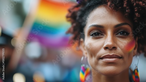 A woman adorned with rainbow earrings and face paint stands proudly, capturing the essence of pride and self-expression amidst a celebratory background setting.