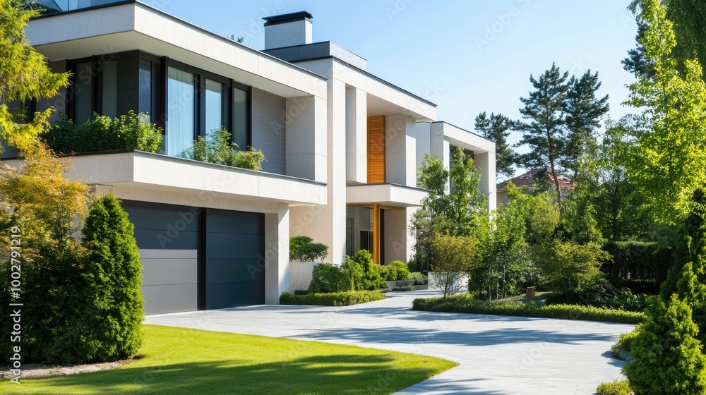 Fototapeta premium Modern home with a sleek design in a quiet urban area, no people, with ample copy space