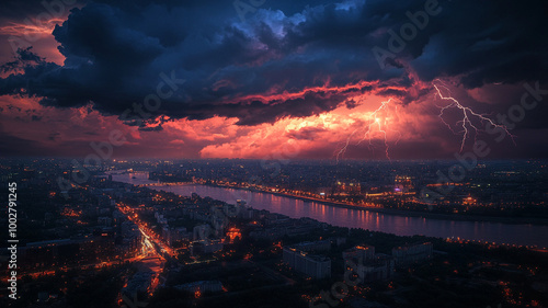 Lightning in the sky over a night city with clouds during a thunderstorm