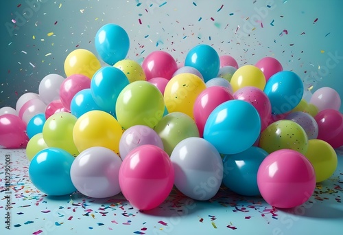 Colorful balloons and confetti on a light blue background, creating a festive and celebratory atmosphere