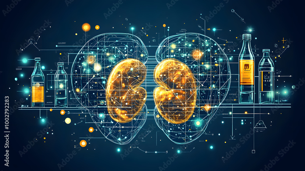 Naklejka premium Illustration of human kidneys with glowing digital effects representing health and analysis in a medical context.