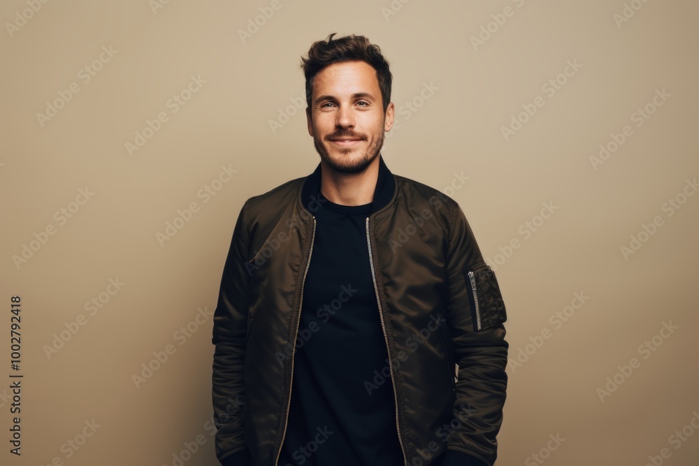 Obraz premium Portrait of a blissful man in his 30s wearing a trendy bomber jacket isolated on light wood minimalistic setup