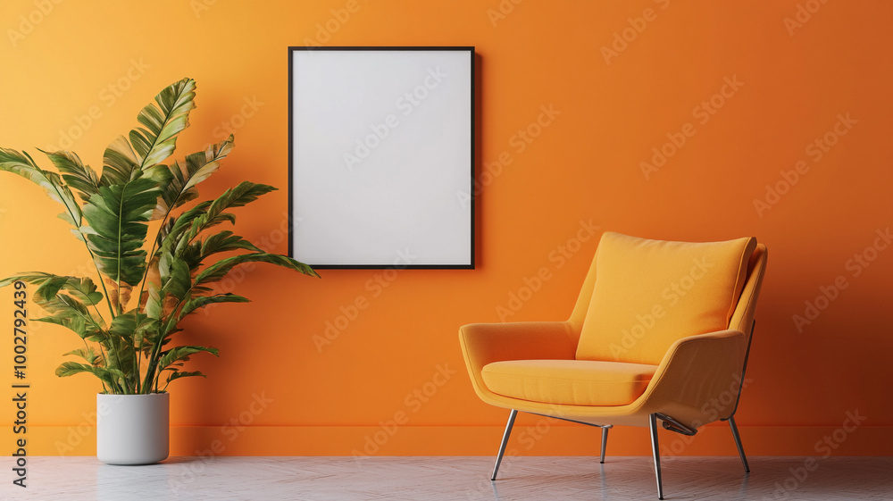 an armchair and a mock-up poster frame on an orange wall background an armchair and a mock-up poster frame on an orange wall background