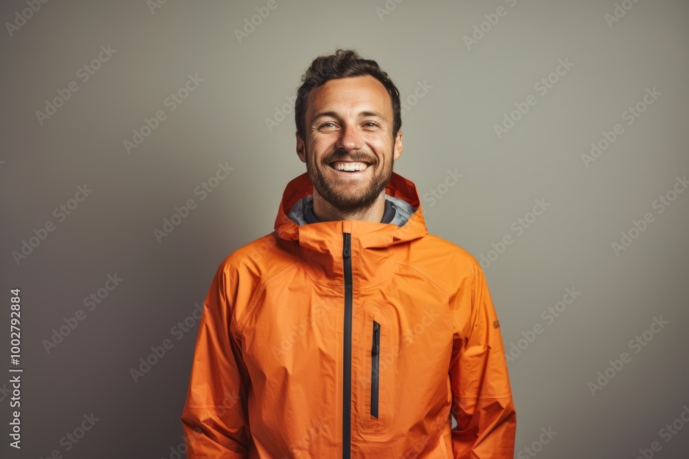 Portrait of a happy man in his 30s wearing a windproof softshell isolated in light wood minimalistic setup Portrait of a happy man in his 30s wearing a windproof softshell isolated in light wood minimalistic setup