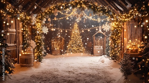 Festive seasonal backdrop with twinkling lights rustic garlands and a snow dusted tree capturing the joy and magic of the winter season