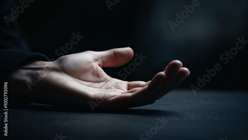 close-up, dark, and moody photograph focusing on a human hand