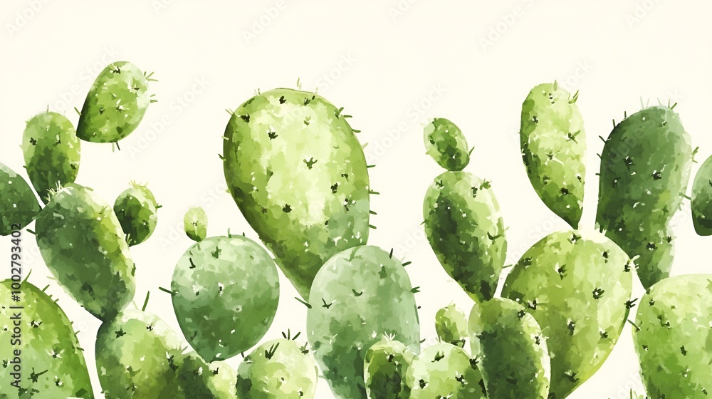 an artistic illustration of green cactus plants. The cacti are depicted with various oval and round pads, each having small spines an artistic illustration of green cactus plants. The cacti are depicted with various oval and round pads, each having small spines