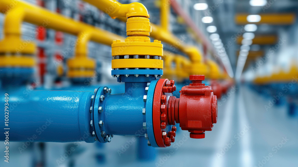 Obraz premium Brightly colored industrial pipelines and valves highlight the advanced engineering and precise control systems used to ensure safe and efficient operations in modern manufacturing facilities.
