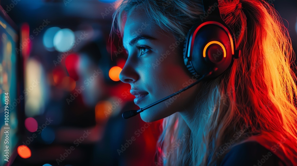 Gamers communicating strategies through headsets Gamers communicating strategies through headsets