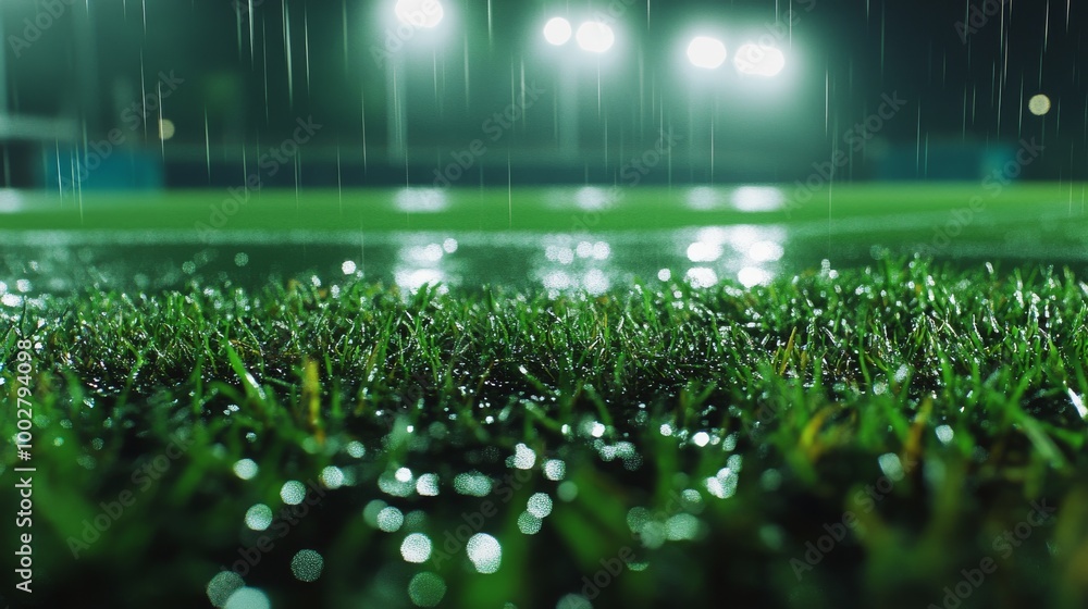 Detailed shot of wet football pitch grass after rain, reflecting stadium lights Detailed shot of wet football pitch grass after rain, reflecting stadium lights