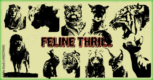Feline Thrill a set of graphic resources. Photocopy and halftone effect for grunge, punk, y2k, pulp, pop collage, poster, tshirt design. Vector illustration with elements on separate background.
