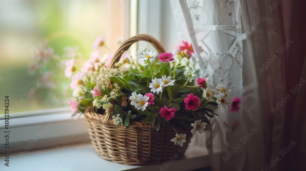 Obraz premium Beautiful Floral Arrangement in a Rustic Basket