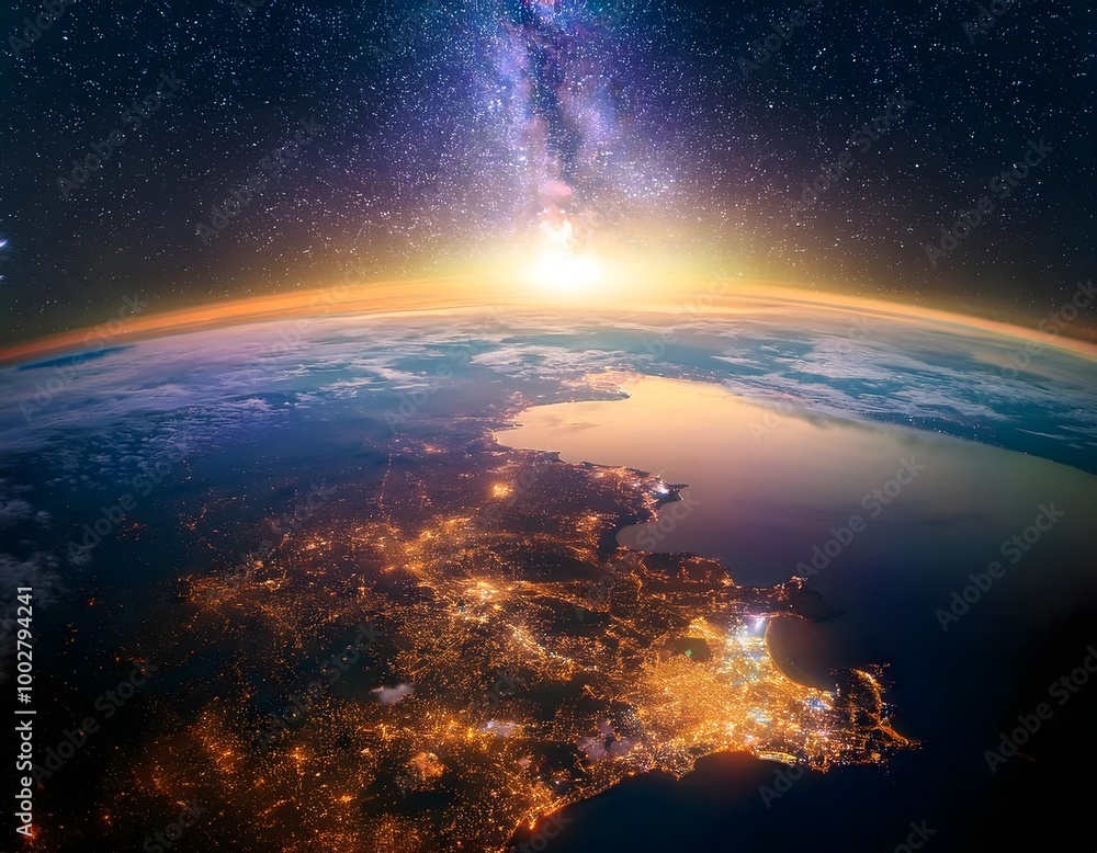 A stunning aerial view of earth, glowing lights below A stunning aerial view of earth, glowing lights below